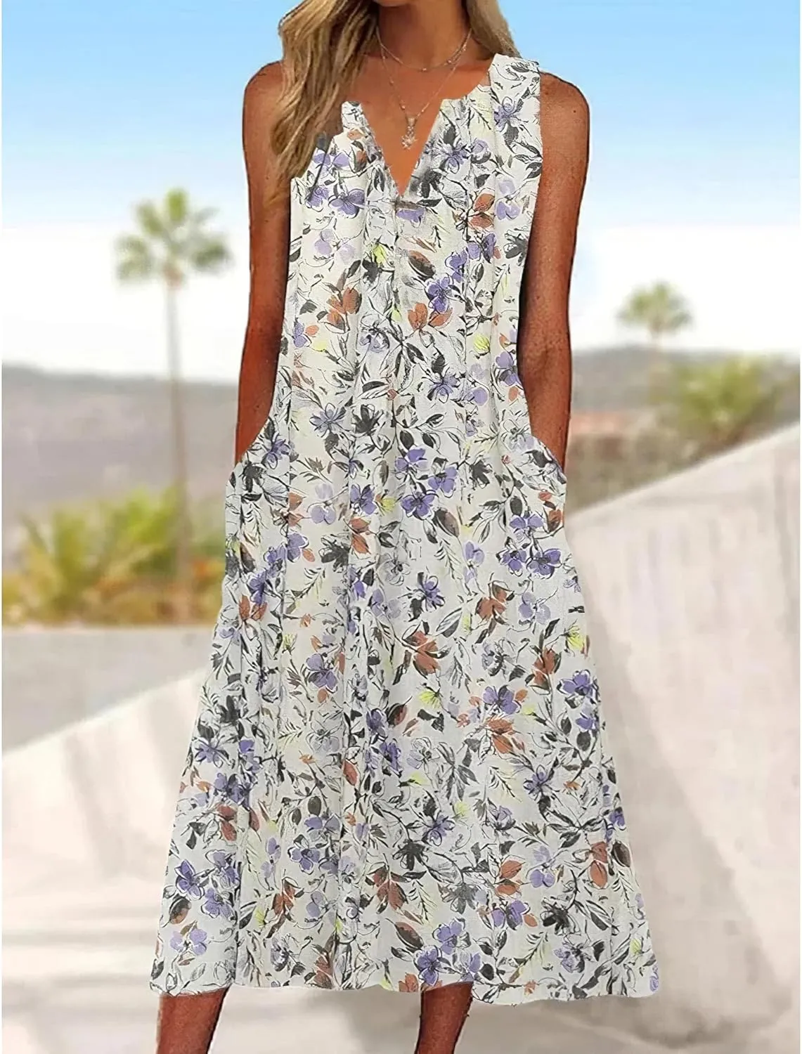 Womens Summer Sleeveless Boho Floral Printed Midi Tank Dresses V Neck Beach Tshirt Sundress with Pockets
