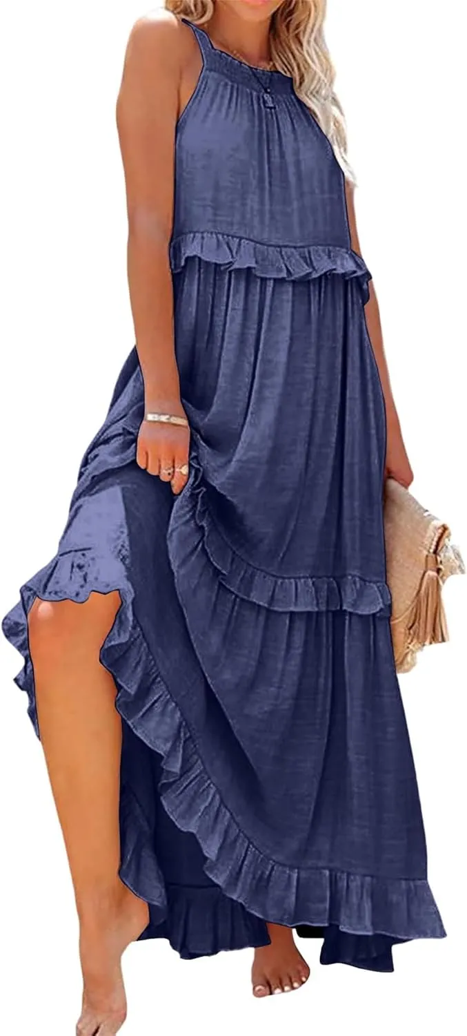 Womens Summer Sleeveless Halter Dresses Tie Back Flowy Ruffle Tiered Maxi Dress Long Sun Dress Women
