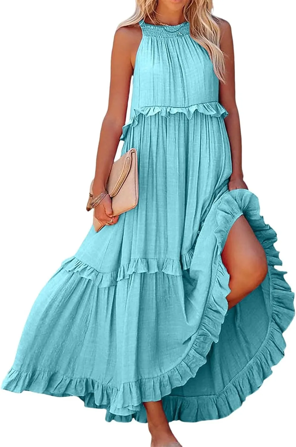 Womens Summer Sleeveless Halter Dresses Tie Back Flowy Ruffle Tiered Maxi Dress Long Sun Dress Women