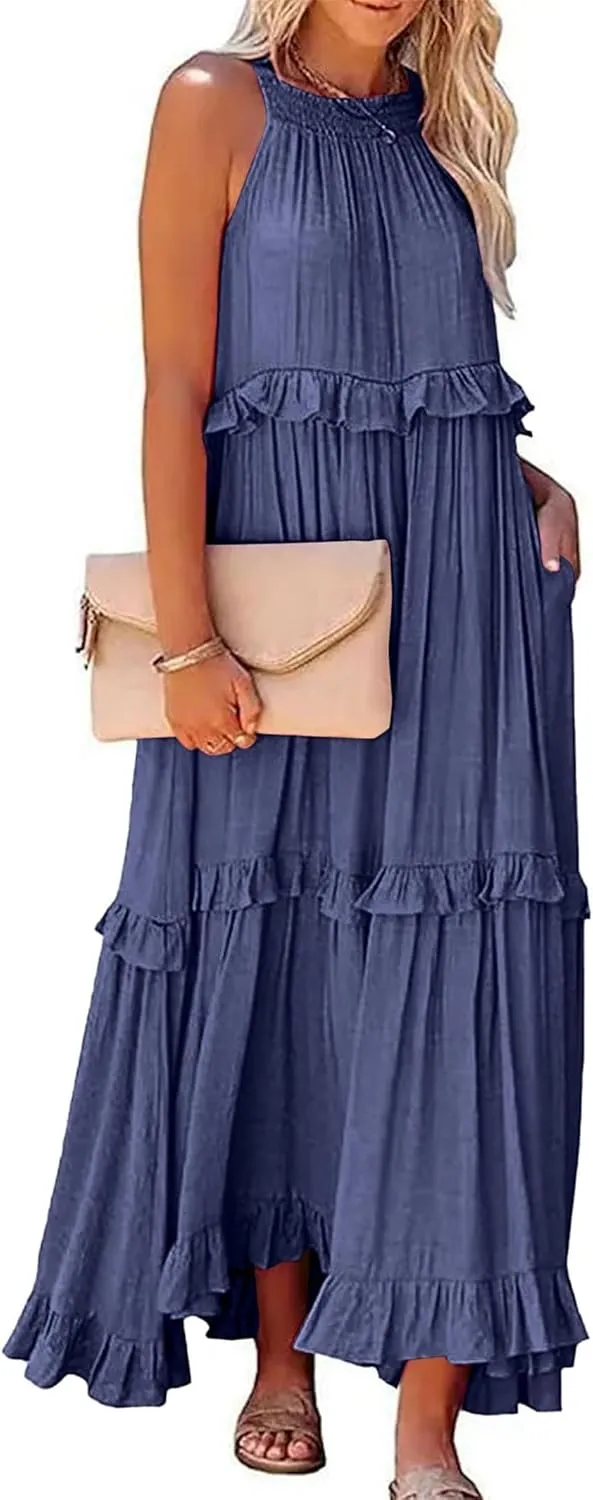 Womens Summer Sleeveless Halter Dresses Tie Back Flowy Ruffle Tiered Maxi Dress Long Sun Dress Women