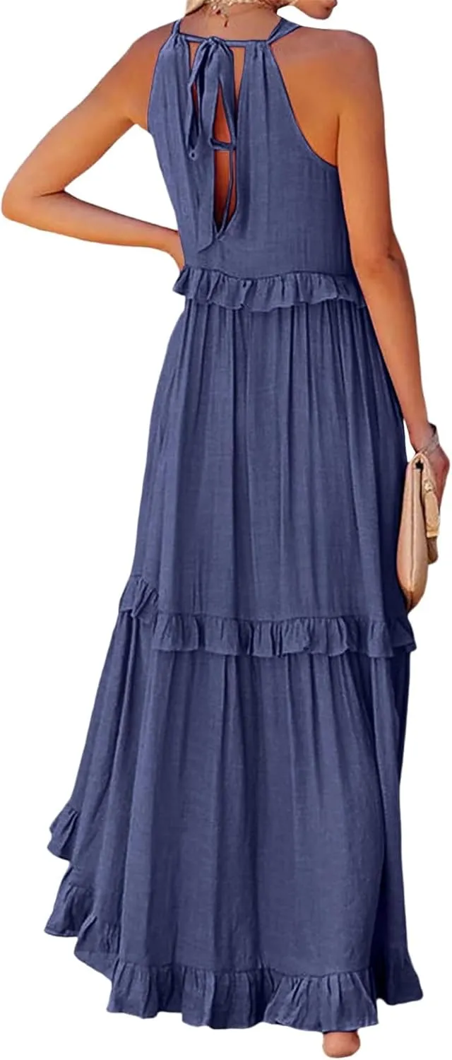 Womens Summer Sleeveless Halter Dresses Tie Back Flowy Ruffle Tiered Maxi Dress Long Sun Dress Women