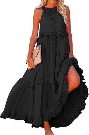 Womens Summer Sleeveless Halter Dresses Tie Back Flowy Ruffle Tiered Maxi Dress Long Sun Dress Women