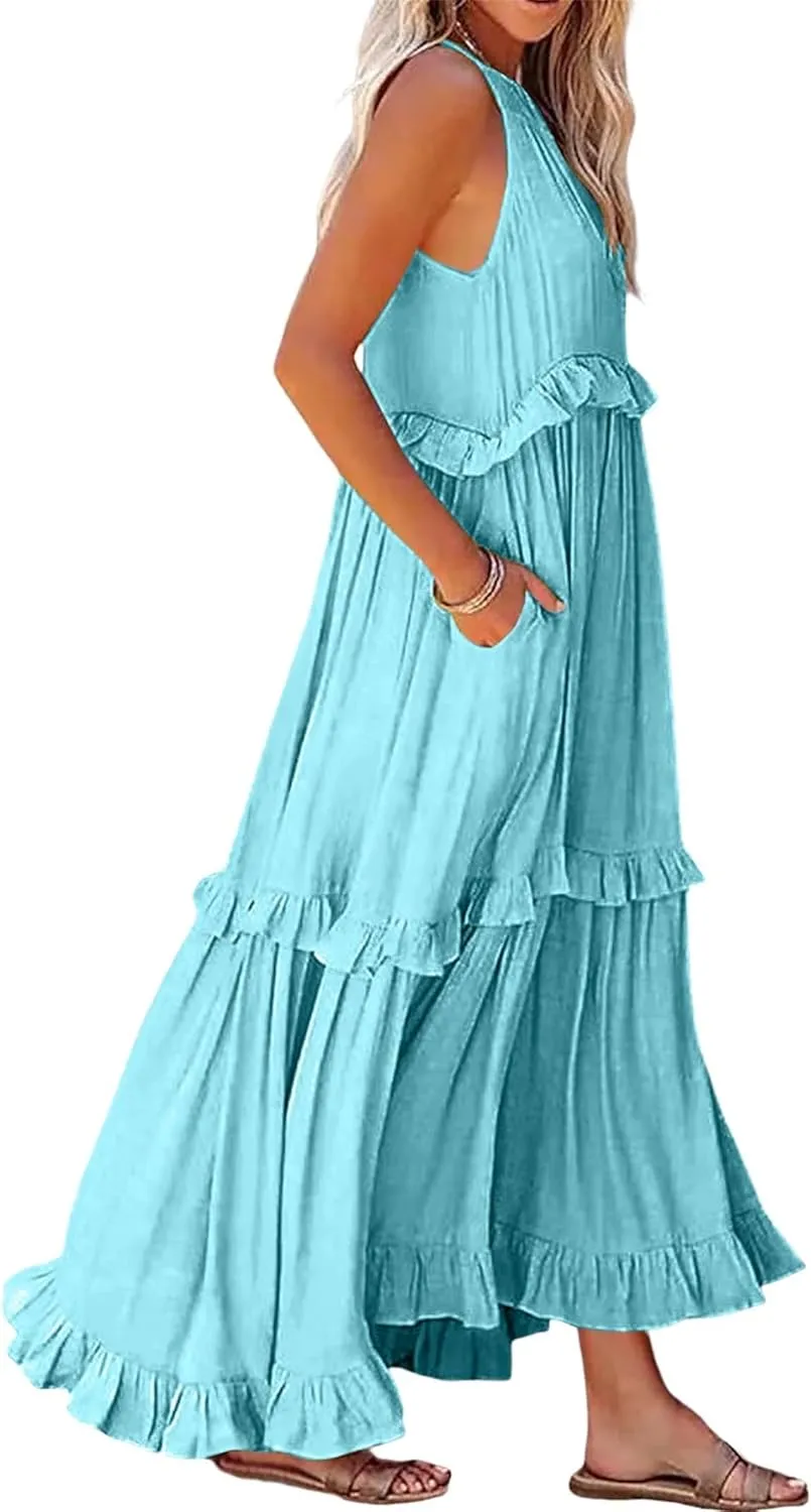 Womens Summer Sleeveless Halter Dresses Tie Back Flowy Ruffle Tiered Maxi Dress Long Sun Dress Women