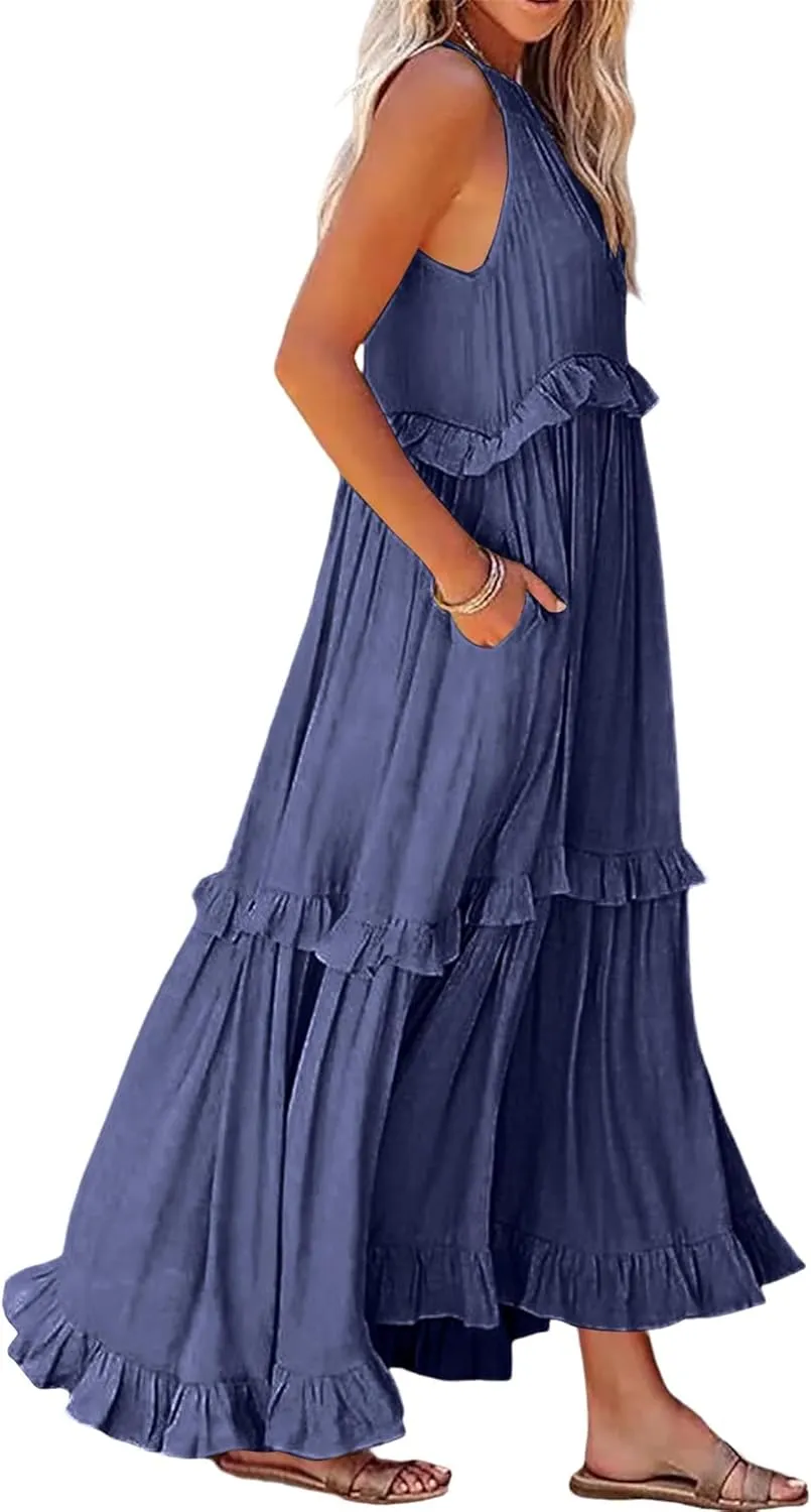 Womens Summer Sleeveless Halter Dresses Tie Back Flowy Ruffle Tiered Maxi Dress Long Sun Dress Women