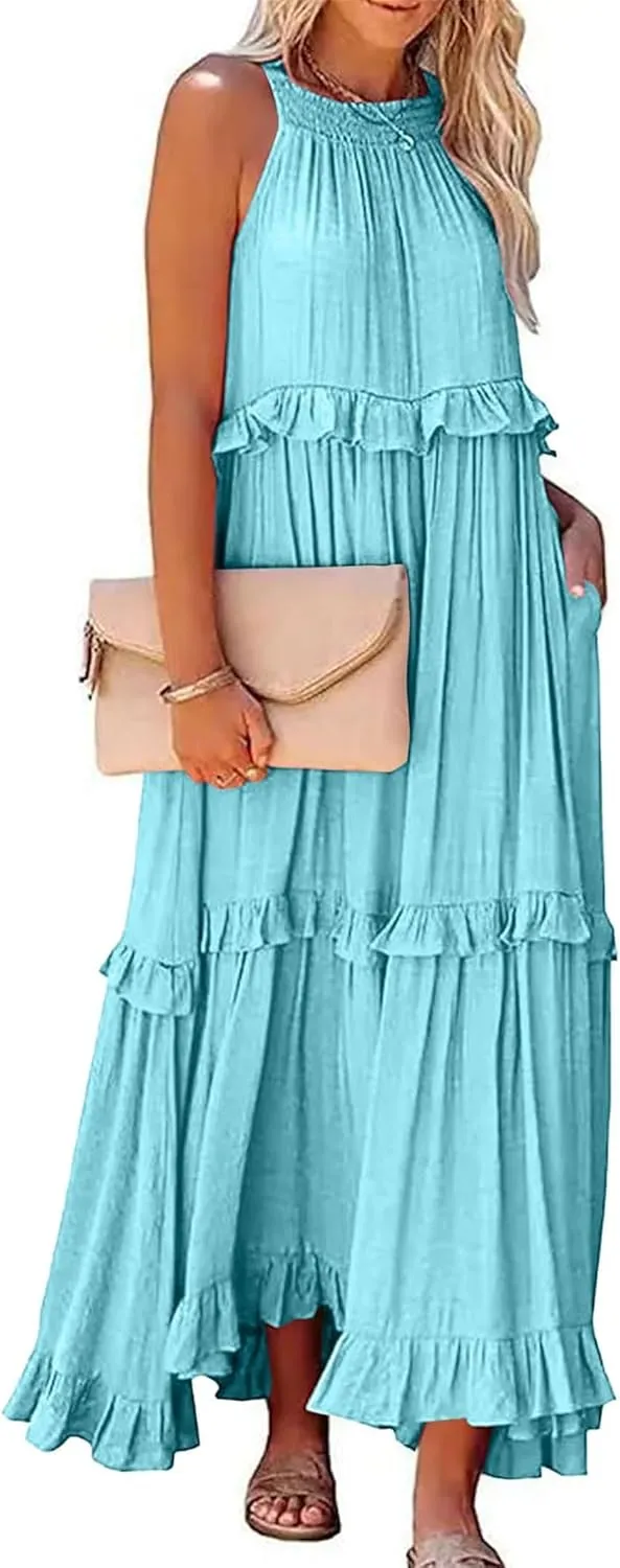 Womens Summer Sleeveless Halter Dresses Tie Back Flowy Ruffle Tiered Maxi Dress Long Sun Dress Women