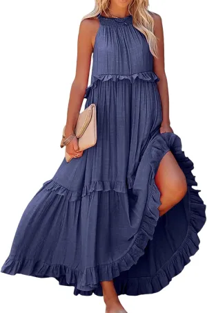 Womens Summer Sleeveless Halter Dresses Tie Back Flowy Ruffle Tiered Maxi Dress Long Sun Dress Women