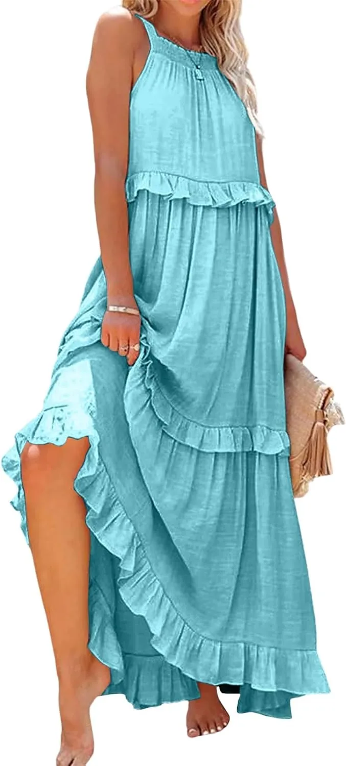 Womens Summer Sleeveless Halter Dresses Tie Back Flowy Ruffle Tiered Maxi Dress Long Sun Dress Women