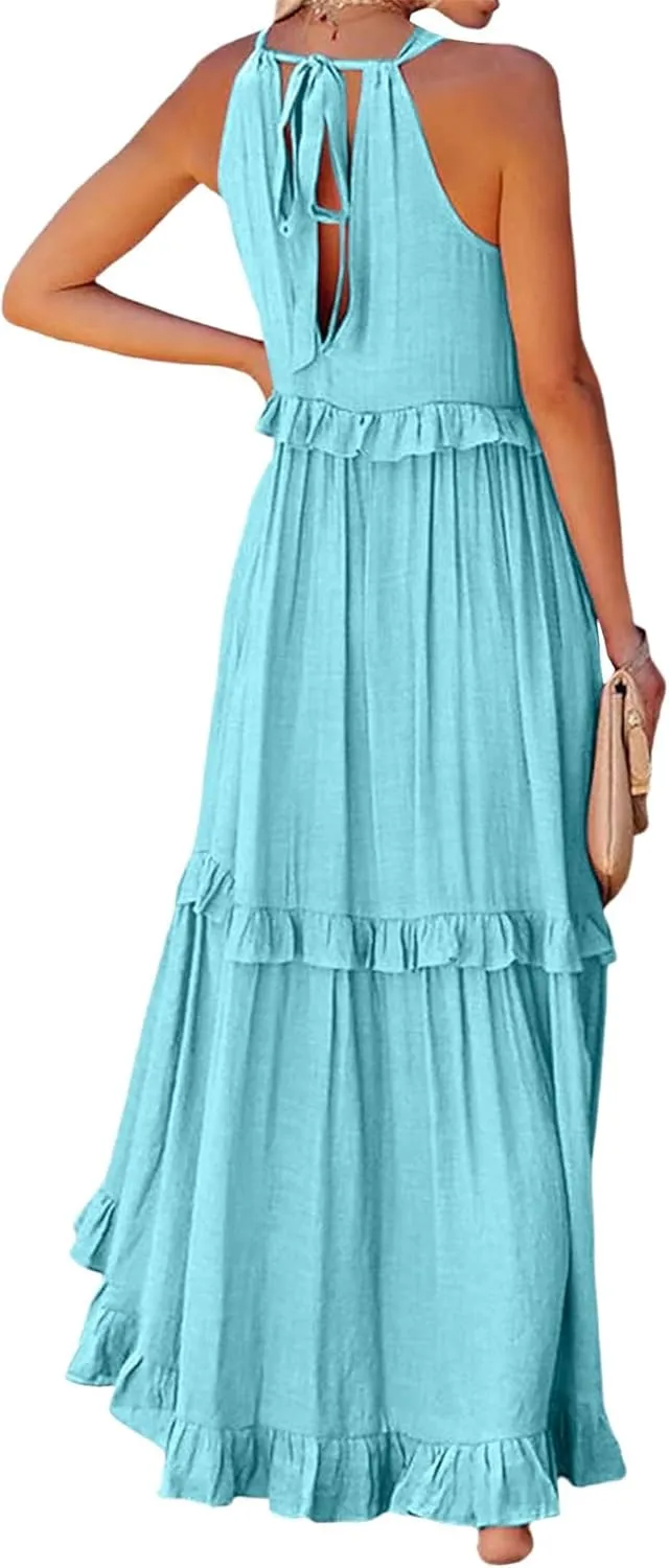 Womens Summer Sleeveless Halter Dresses Tie Back Flowy Ruffle Tiered Maxi Dress Long Sun Dress Women