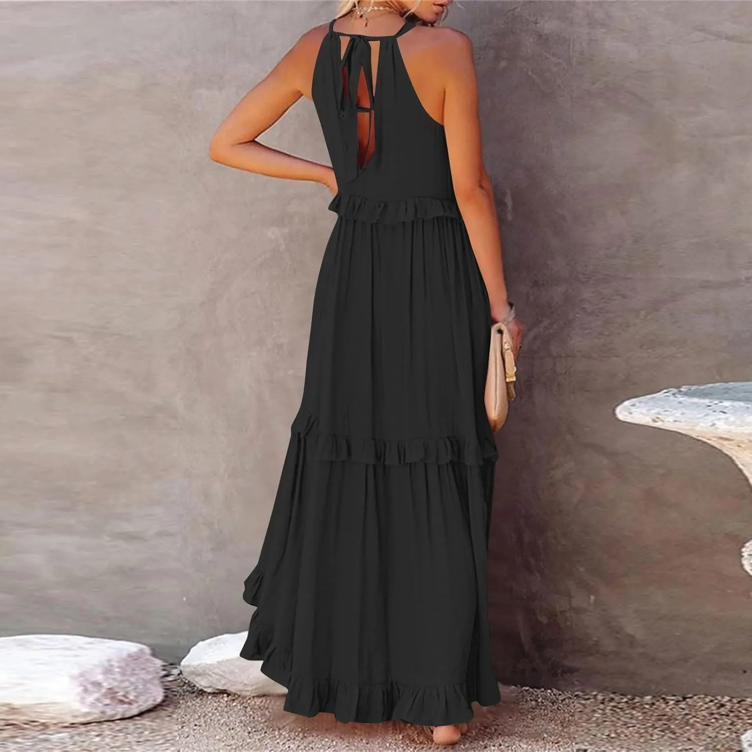 Womens Summer Sleeveless Halter Dresses Tie Back Flowy Ruffle Tiered Maxi Dress Long Sun Dress Women