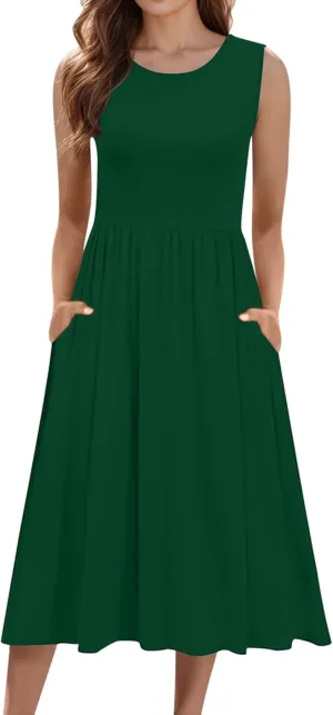 Women's Summer Sleeveless Midi Sundress Swing Casual Flowy Tiered Shirts Dress Beach Travel Vacation Outfits with Pockets