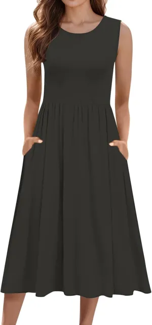 Women's Summer Sleeveless Midi Sundress Swing Casual Flowy Tiered Shirts Dress Beach Travel Vacation Outfits with Pockets