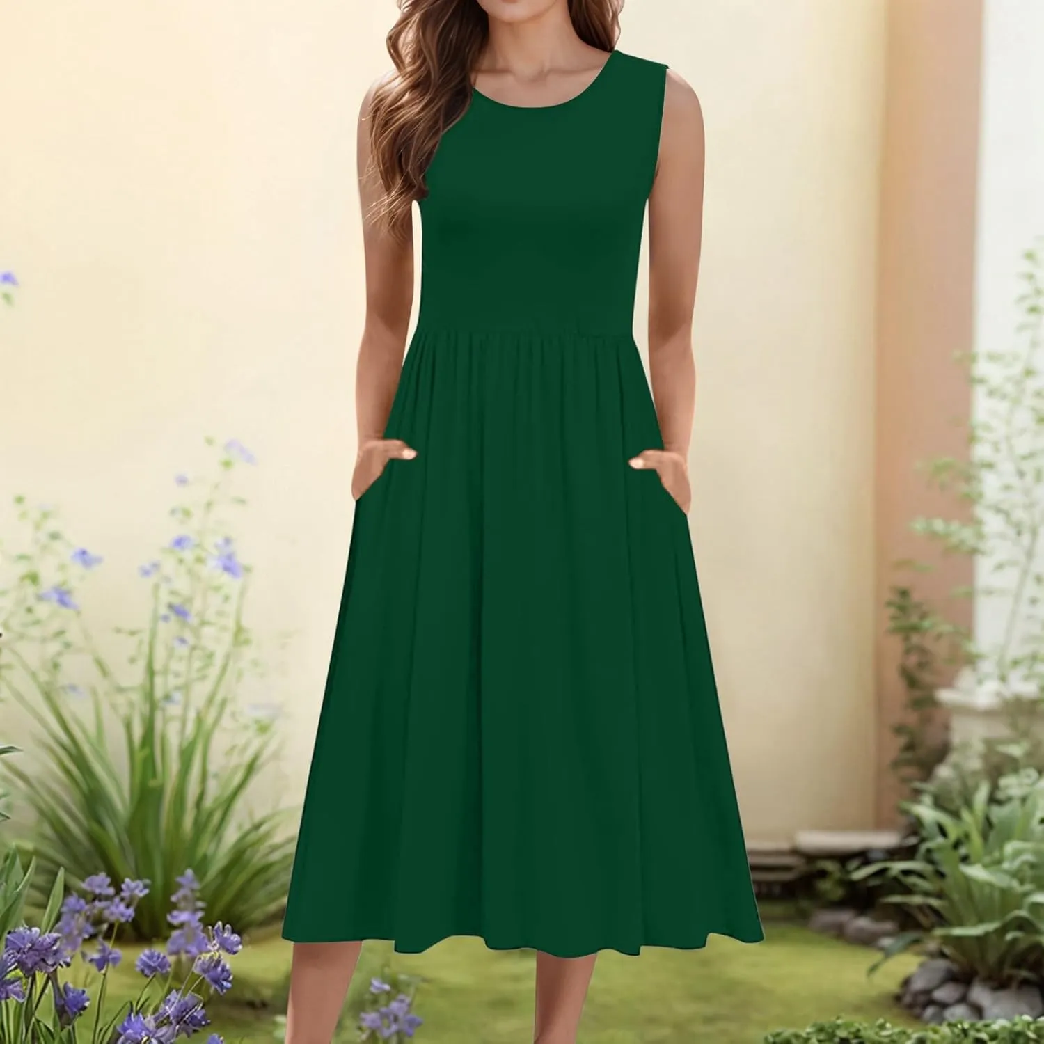 Women's Summer Sleeveless Midi Sundress Swing Casual Flowy Tiered Shirts Dress Beach Travel Vacation Outfits with Pockets