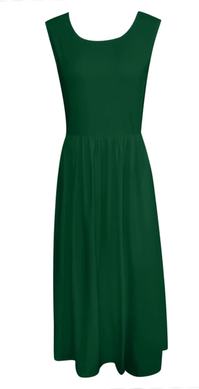 Women's Summer Sleeveless Midi Sundress Swing Casual Flowy Tiered Shirts Dress Beach Travel Vacation Outfits with Pockets