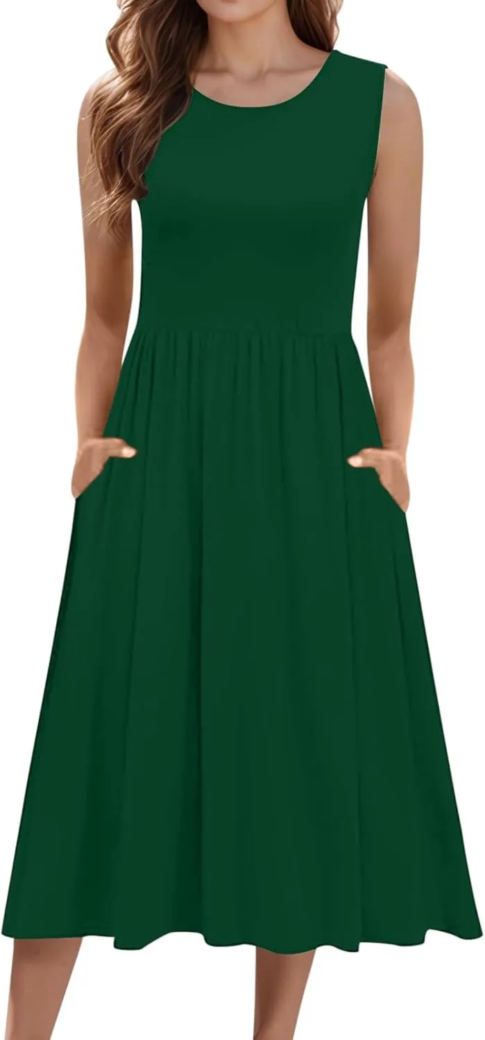 Women's Summer Sleeveless Midi Sundress Swing Casual Flowy Tiered Shirts Dress Beach Travel Vacation Outfits with Pockets
