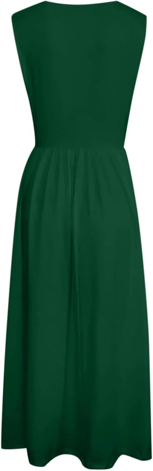 Women's Summer Sleeveless Midi Sundress Swing Casual Flowy Tiered Shirts Dress Beach Travel Vacation Outfits with Pockets