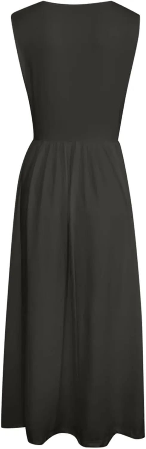 Women's Summer Sleeveless Midi Sundress Swing Casual Flowy Tiered Shirts Dress Beach Travel Vacation Outfits with Pockets