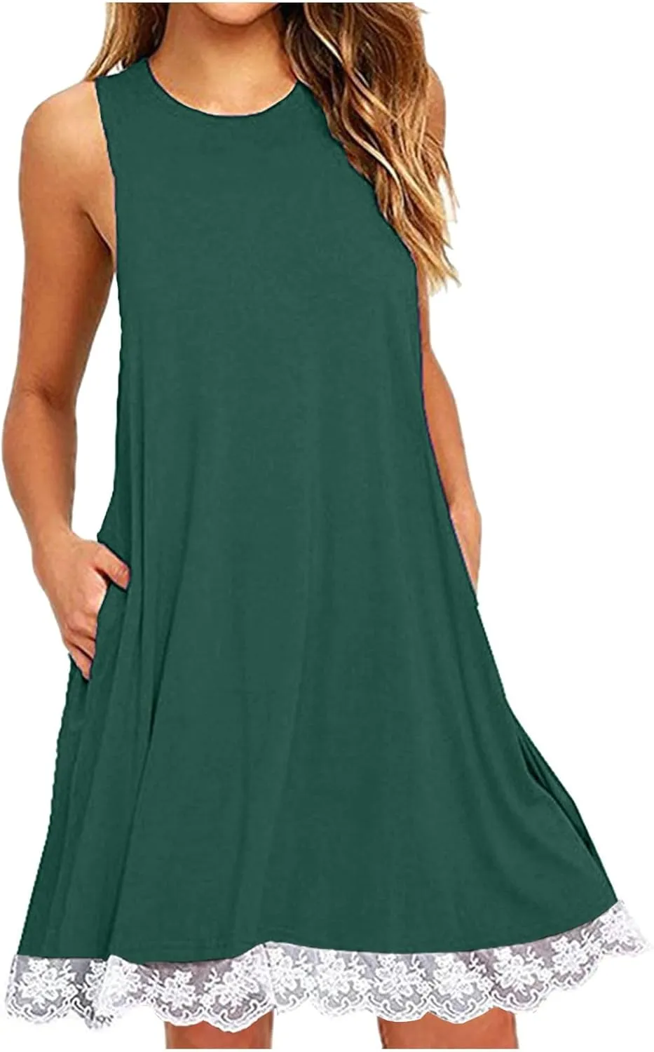 Women's Summer Tank Lace Dresses Trendy Crewneck Sleeveless Dress Beach Casual Vacation Loose Sundress with Pocket