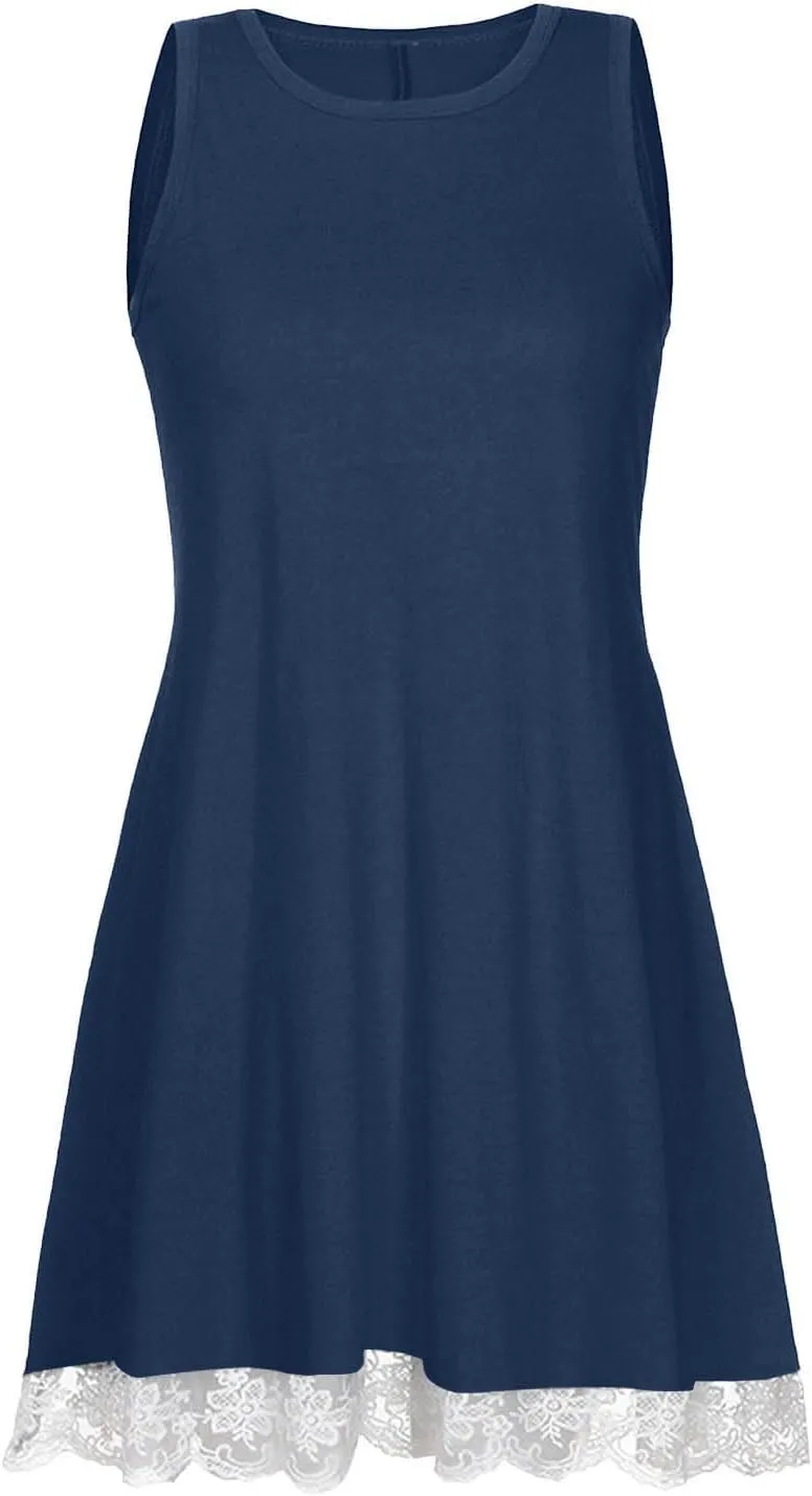 Women's Summer Tank Lace Dresses Trendy Crewneck Sleeveless Dress Beach Casual Vacation Loose Sundress with Pocket
