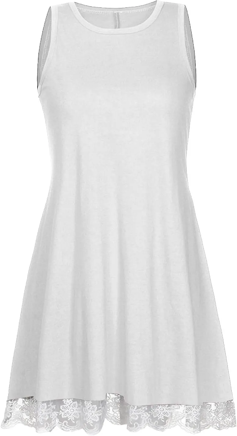 Women's Summer Tank Lace Dresses Trendy Crewneck Sleeveless Dress Beach Casual Vacation Loose Sundress with Pocket