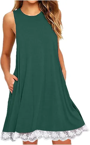 Women's Summer Tank Lace Dresses Trendy Crewneck Sleeveless Dress Beach Casual Vacation Loose Sundress with Pocket