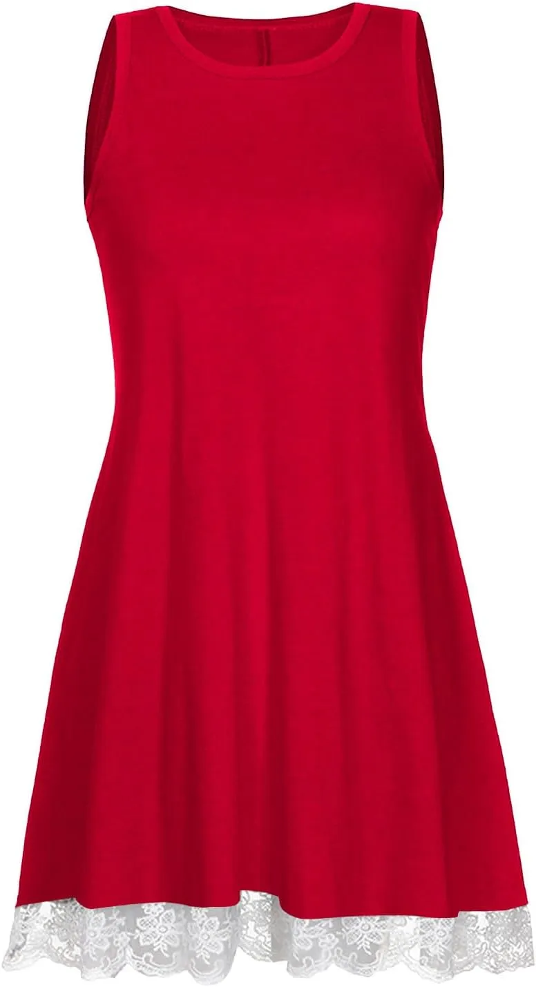 Women's Summer Tank Lace Dresses Trendy Crewneck Sleeveless Dress Beach Casual Vacation Loose Sundress with Pocket