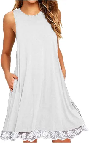 Women's Summer Tank Lace Dresses Trendy Crewneck Sleeveless Dress Beach Casual Vacation Loose Sundress with Pocket