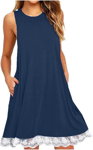 Women's Summer Tank Lace Dresses Trendy Crewneck Sleeveless Dress Beach Casual Vacation Loose Sundress with Pocket