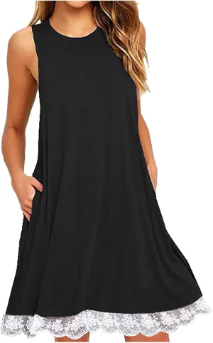 Women's Summer Tank Lace Dresses Trendy Crewneck Sleeveless Dress Beach Casual Vacation Loose Sundress with Pocket
