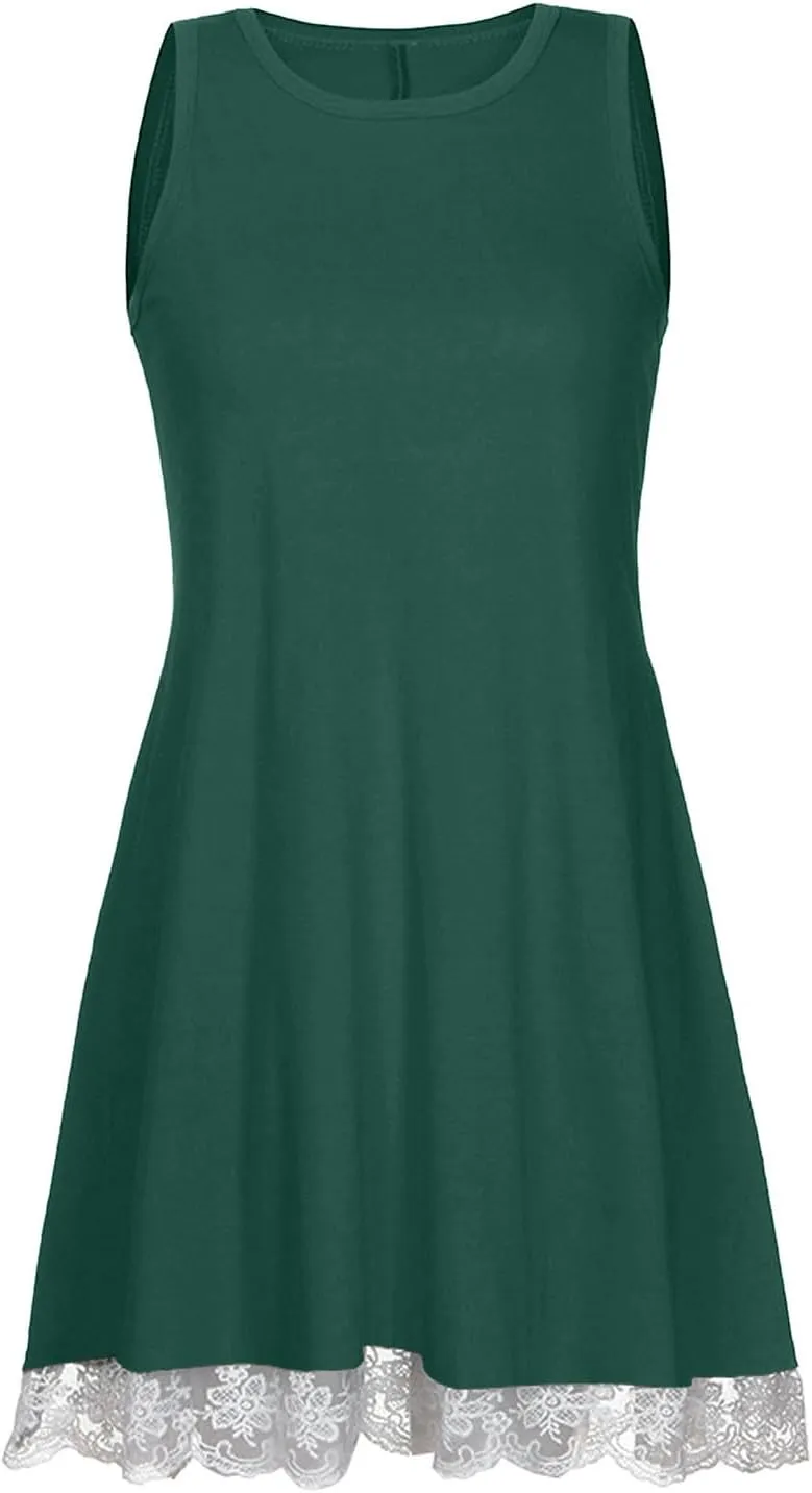Women's Summer Tank Lace Dresses Trendy Crewneck Sleeveless Dress Beach Casual Vacation Loose Sundress with Pocket