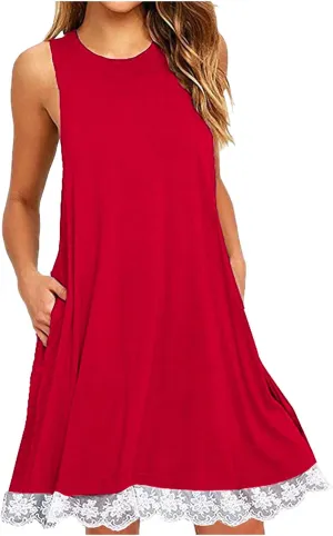 Women's Summer Tank Lace Dresses Trendy Crewneck Sleeveless Dress Beach Casual Vacation Loose Sundress with Pocket