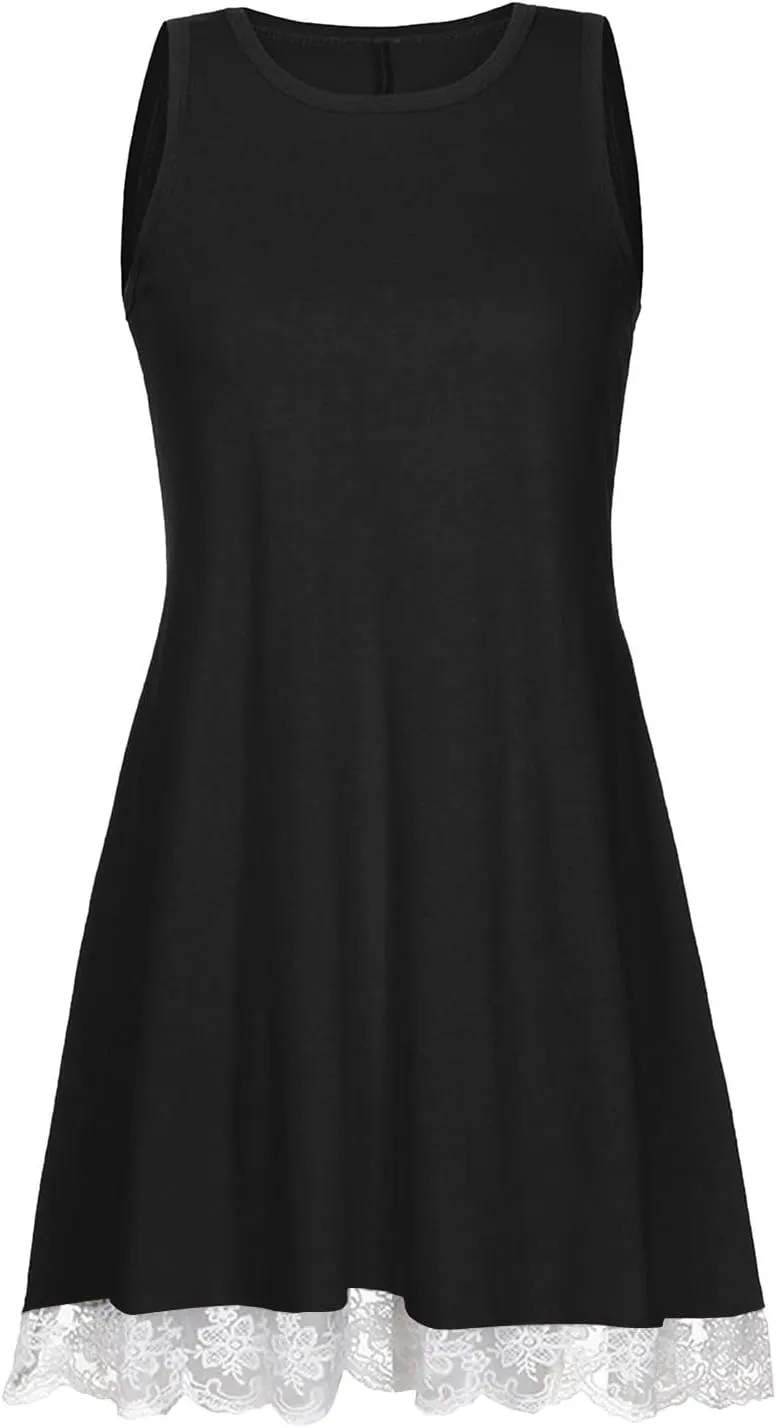 Women's Summer Tank Lace Dresses Trendy Crewneck Sleeveless Dress Beach Casual Vacation Loose Sundress with Pocket