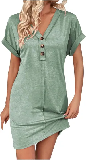 Womens Summer Tshirt Dress Short Sleeve Loose Fit Casual V Neck Shift Tunic Dress Beach Travel Vacation Sundress