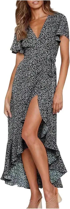 Women's Summer Wrap Dress Casual Boho Floral Short Sleeve V Neck Ruffle Hem Split Dresses Beach Wedding Long Dress