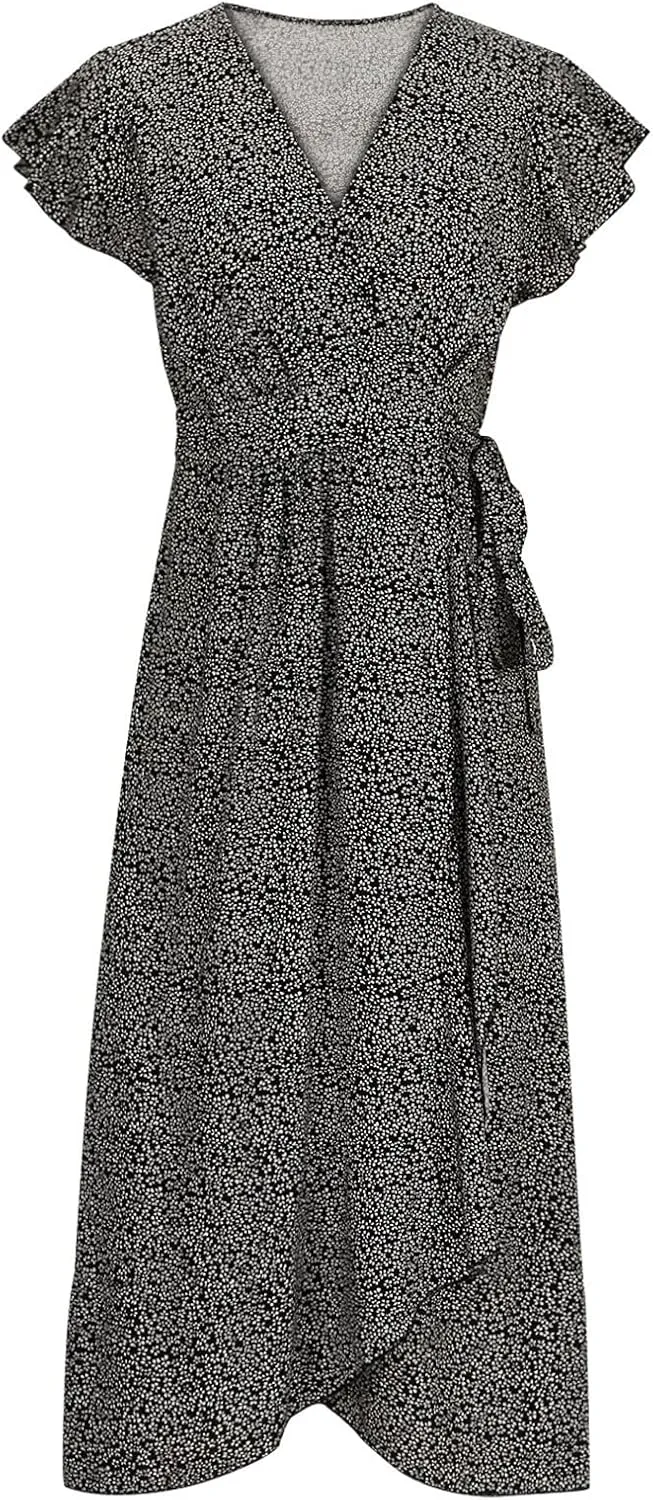 Women's Summer Wrap Dress Casual Boho Floral Short Sleeve V Neck Ruffle Hem Split Dresses Beach Wedding Long Dress