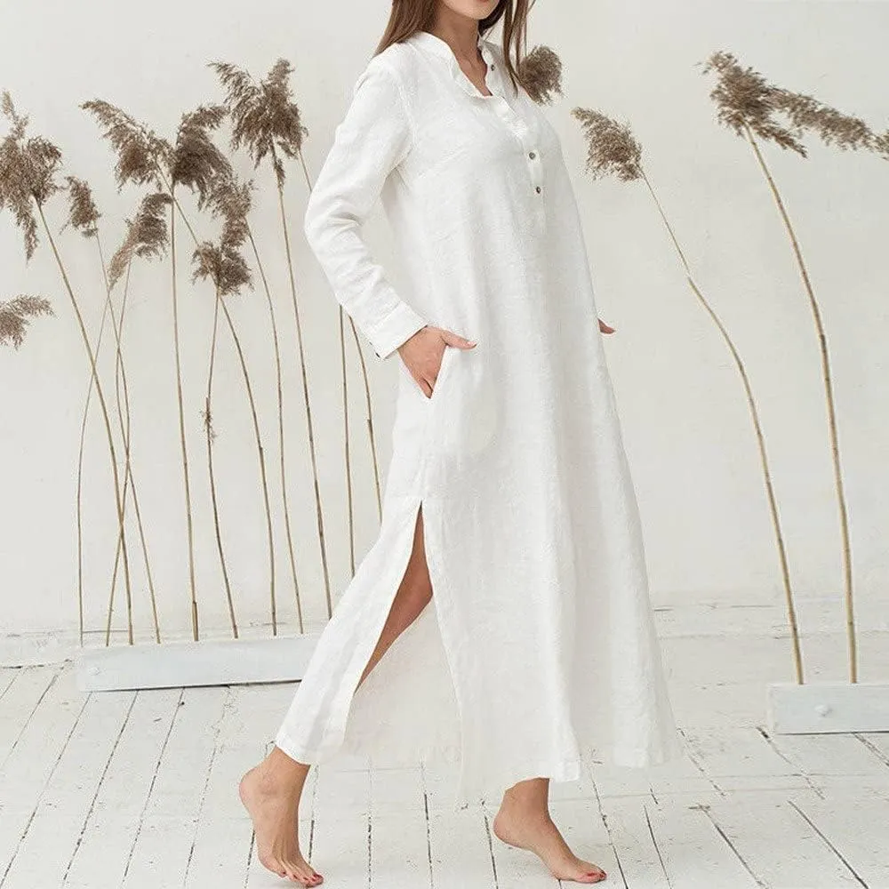 Women's Sun Dresses 2025 Vacation Casual Loose Trendy Long Sleeve Button Down Collar Solid Maxi Dress, S-3XL