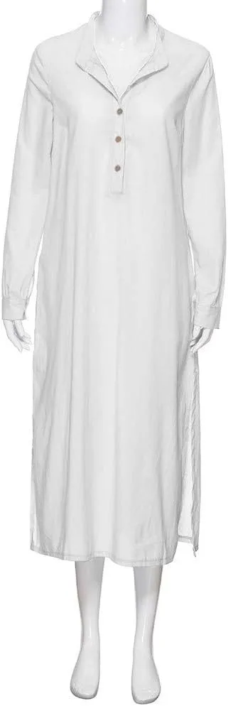 Women's Sun Dresses 2025 Vacation Casual Loose Trendy Long Sleeve Button Down Collar Solid Maxi Dress, S-3XL