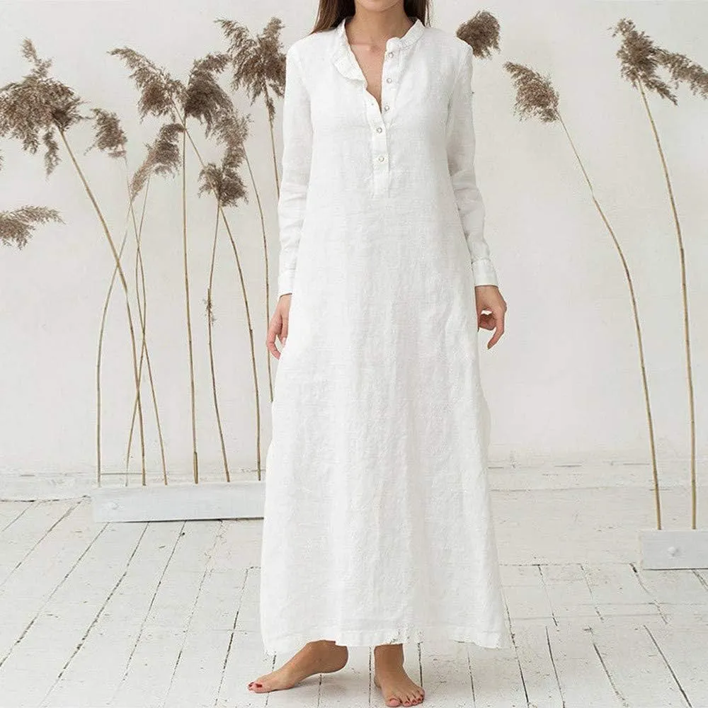 Women's Sun Dresses 2025 Vacation Casual Loose Trendy Long Sleeve Button Down Collar Solid Maxi Dress, S-3XL