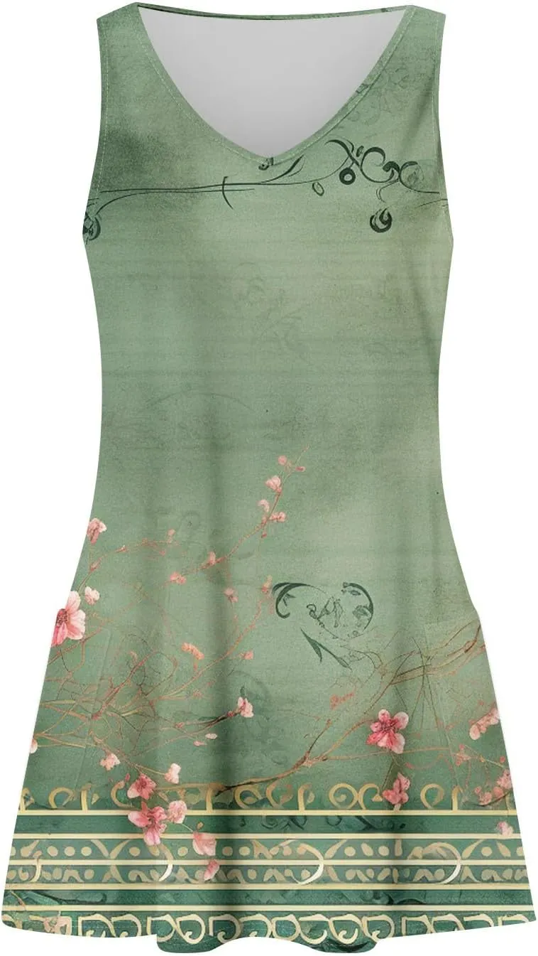 Women's Sun Dresses Summer Casual V Neck Sundresses Boho Tank Dress Beach Vacation Clothes with Pockets