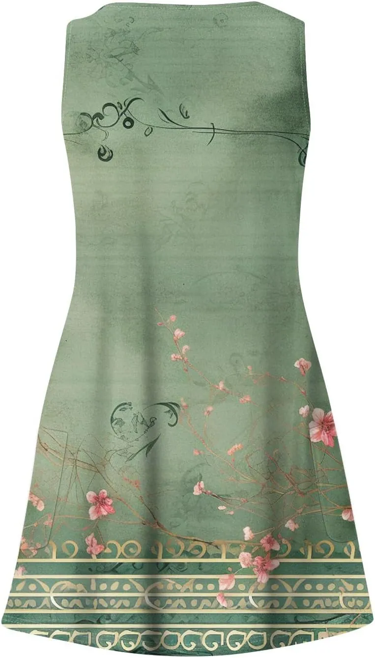 Women's Sun Dresses Summer Casual V Neck Sundresses Boho Tank Dress Beach Vacation Clothes with Pockets