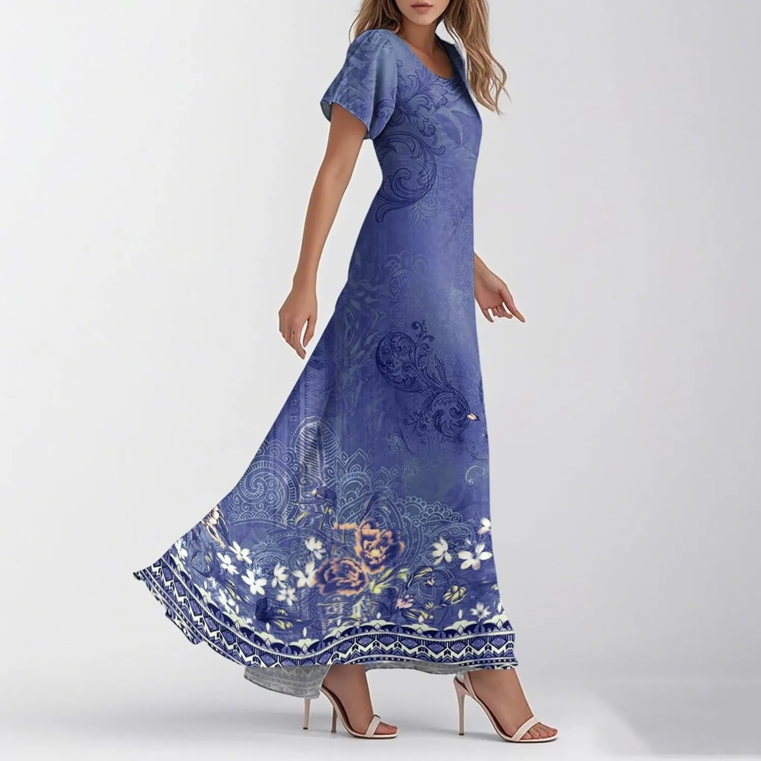 Women's Sundresses 2025 Summer Casual Loose Trendy Short Sleeve V-Neck Floral Printed Beach Maxi Dress, XS-2XL