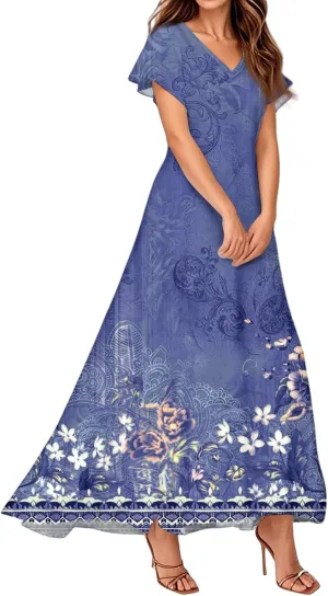 Women's Sundresses 2025 Summer Casual Loose Trendy Short Sleeve V-Neck Floral Printed Beach Maxi Dress, XS-2XL