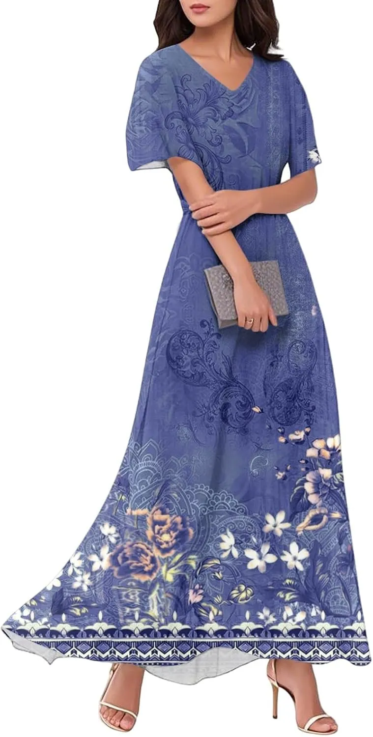 Women's Sundresses 2025 Summer Casual Loose Trendy Short Sleeve V-Neck Floral Printed Beach Maxi Dress, XS-2XL
