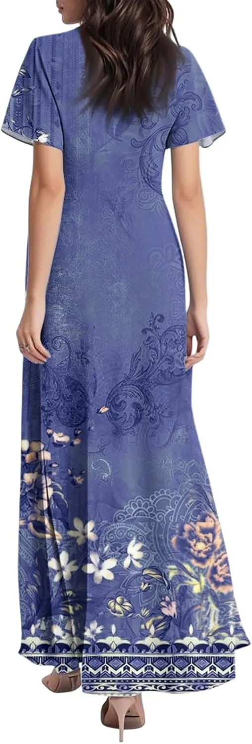 Women's Sundresses 2025 Summer Casual Loose Trendy Short Sleeve V-Neck Floral Printed Beach Maxi Dress, XS-2XL