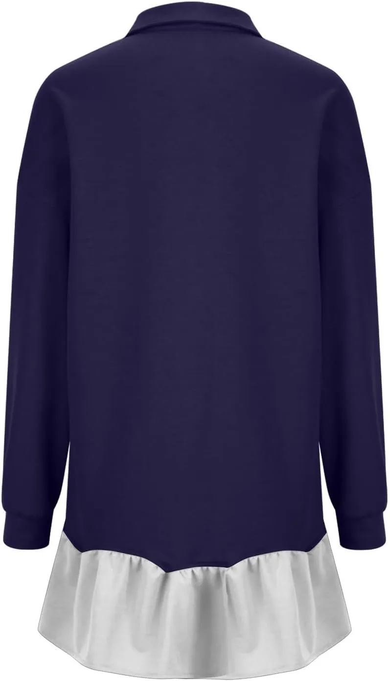 Womens Sweatshirt Dress Oversized Long Sleeve V Neck Button Pullover Tops Flowy Ruffle Patchwork Mini Dress