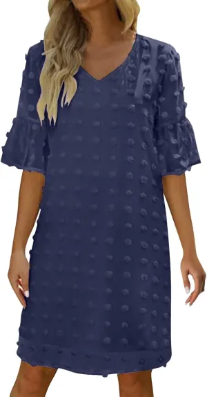 Womens V Neck Casual Vacation Dress Short Sleeve Smocked Swiss Dot Swing Ruffle Mini Beach Summer Dresses 2025 Trendy