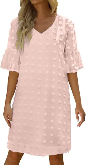 Womens V Neck Casual Vacation Dress Short Sleeve Smocked Swiss Dot Swing Ruffle Mini Beach Summer Dresses 2025 Trendy