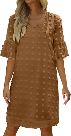 Womens V Neck Casual Vacation Dress Short Sleeve Smocked Swiss Dot Swing Ruffle Mini Beach Summer Dresses 2025 Trendy