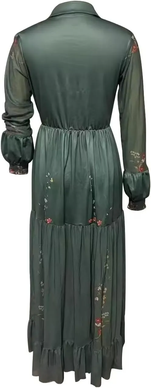 Women's Vintage Pastoral Flower Long Dress Long Sleeve Western Dress Fall Casual Maxi Dresses