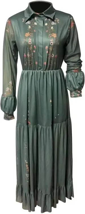 Women's Vintage Pastoral Flower Long Dress Long Sleeve Western Dress Fall Casual Maxi Dresses