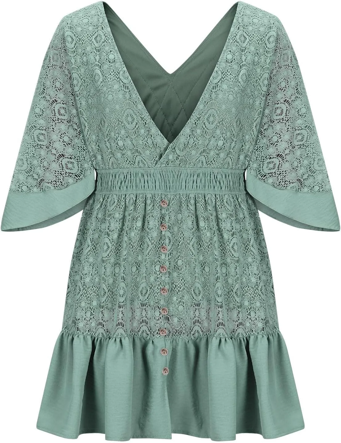 Womens Wrap V Neck Lace Dresses Summer Retro Flared Sleeves Empire Waist Mini Dress Casual Sexy Boho Beach Sundress
